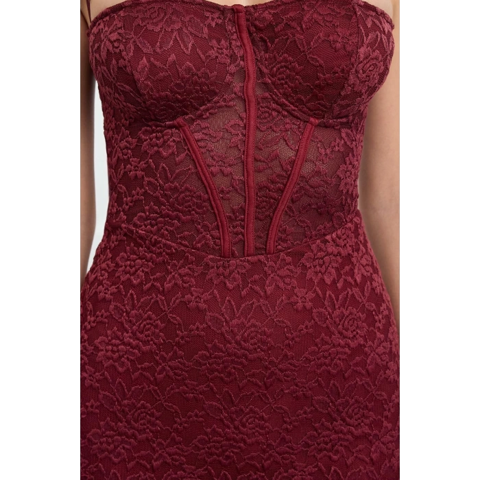 Fashion Style Fitted Sweetheart Neck Midi Length Burgundy Knitted Lined Lace Dress