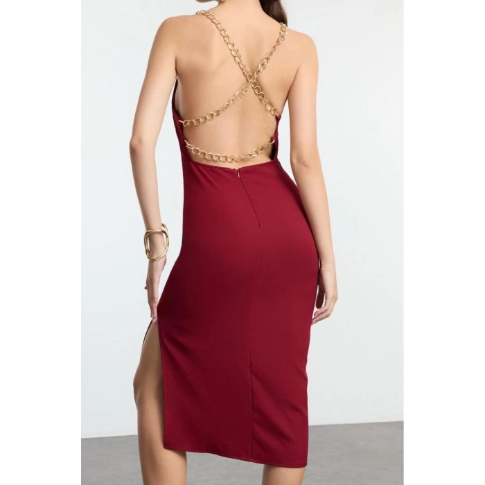 Fashion Style Fitted Cowl Neck Midi Length Adjustable Chain Accessory Detailed Woven Dress