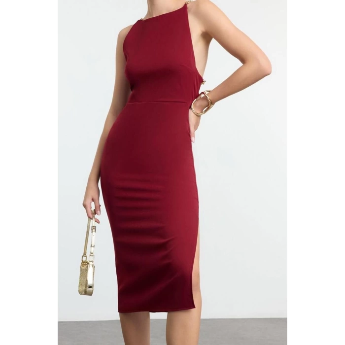 Fashion Style Fitted Cowl Neck Midi Length Adjustable Chain Accessory Detailed Woven Dress