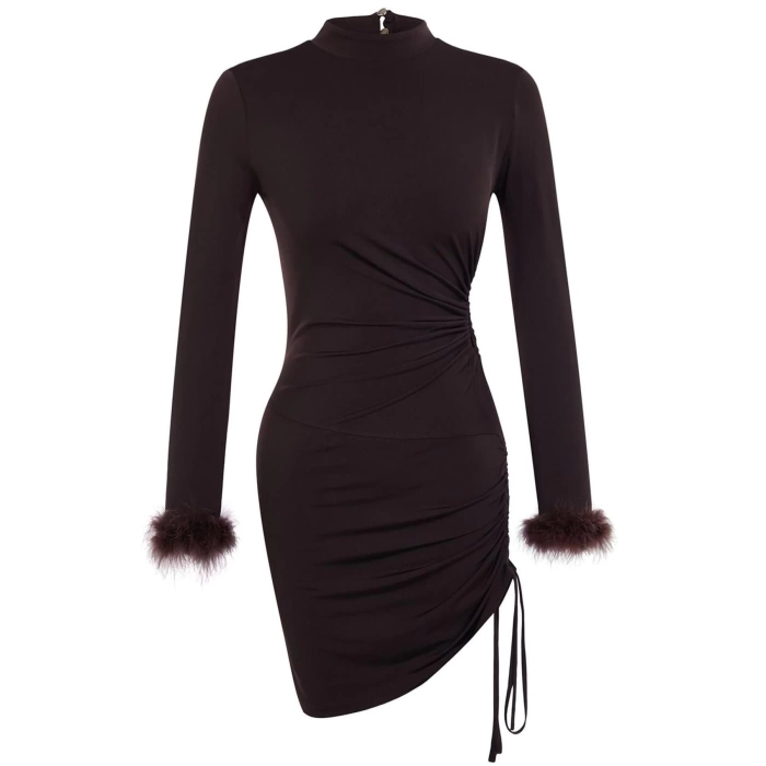 Fashion Style Fitted Stand Collar Mini Length Knitted Feather Detailed Short Dress