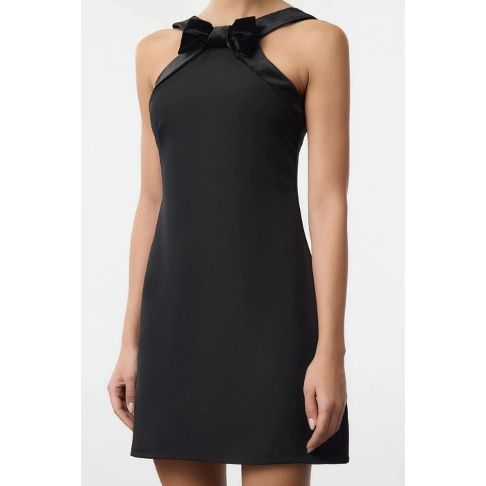 Fashion Style Fitted Halter Neck Mini Length A-Line Bow Detailed Woven Short Dress