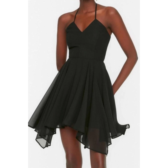 Fashion Style Regular V Neck Mini Length A-Line Strap Woven Chiffon Short Elegant Evening Dress