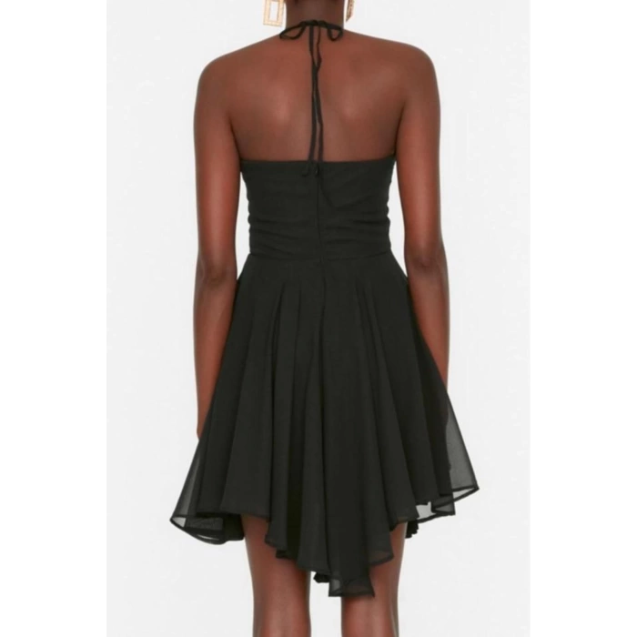 Fashion Style Regular V Neck Mini Length A-Line Strap Woven Chiffon Short Elegant Evening Dress
