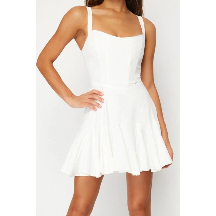 Moda Fitted Sweetheart Neck Mini Length Bridal Lined Corset Detailed Piping Woven Short Evening Dress