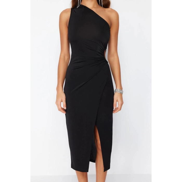 Fashion Style Fitted Asymmetrical Collar Maxi Length Wrap Window Cut Out Detail Knitted Dress