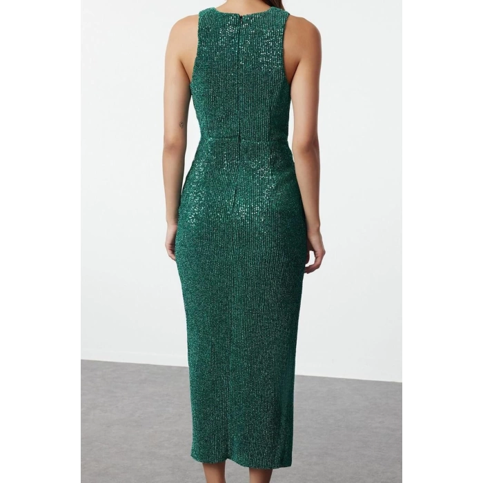 Fashion Style Fitted Halter Neck Midi Length Bodycon Knitted Glitter Sequin Elegant Evening Dress
