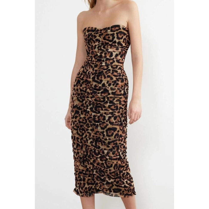 Fashion Style Fitted Strapless Midi Length Bodycon Leopard Patterned Draped Knitted Tulle Chic Evening Dress