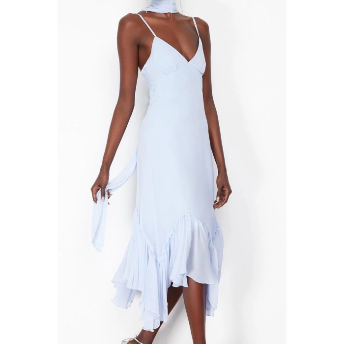 Fashion Style Fitted V Neck Midi Length A-Line Ruffle Woven Dress