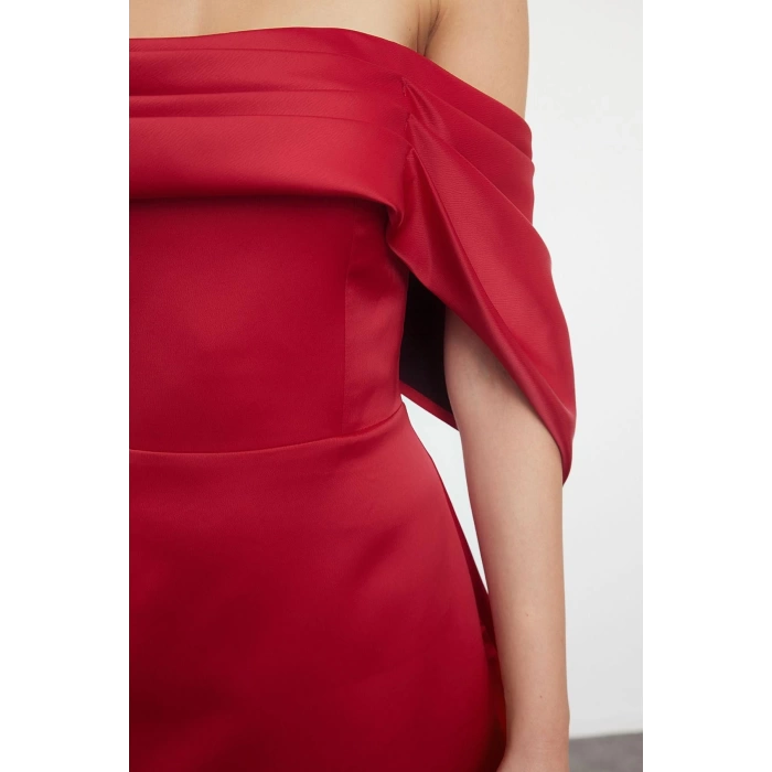 Fashion Style Fitted Carmen Collar Midi Length Body-hugging Satin Woven Dress