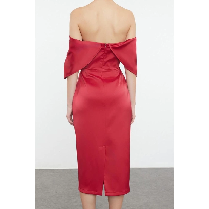 Fashion Style Fitted Carmen Collar Midi Length Body-hugging Satin Woven Dress