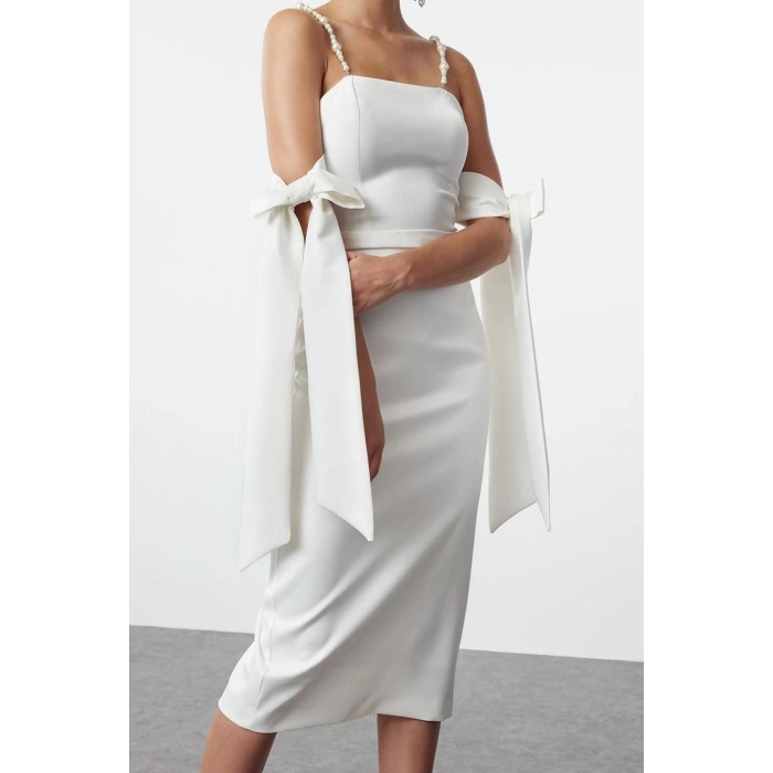 Fashion Style Fitted Square Neck Midi Length Sleeve Detail Satin Woven Dress