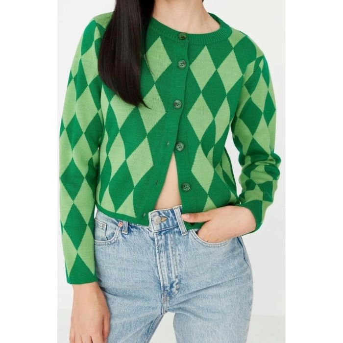 Womens Modern Style Slim Crew Neck Crop Knitwear Cardigan