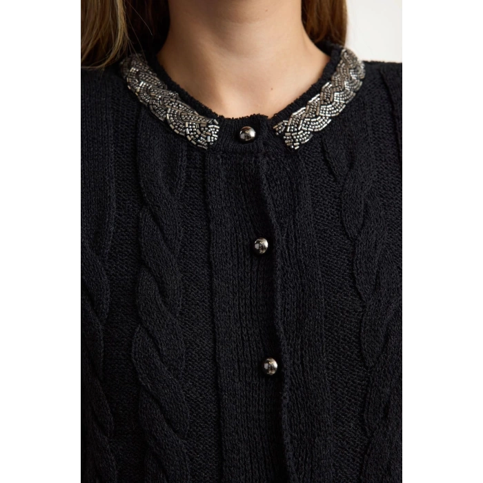 Womens Modern Style Slim Crew Neck Crop Knitwear Cardigan