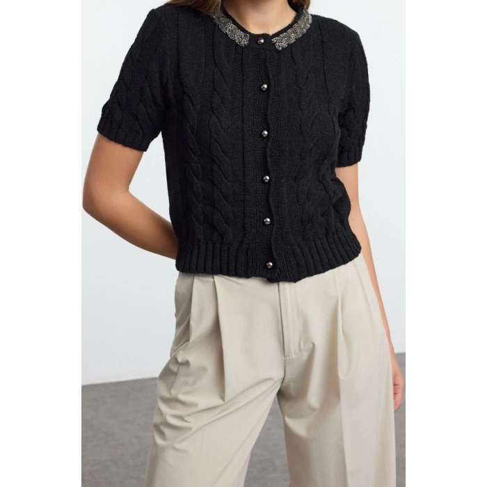 Womens Modern Style Slim Crew Neck Crop Knitwear Cardigan