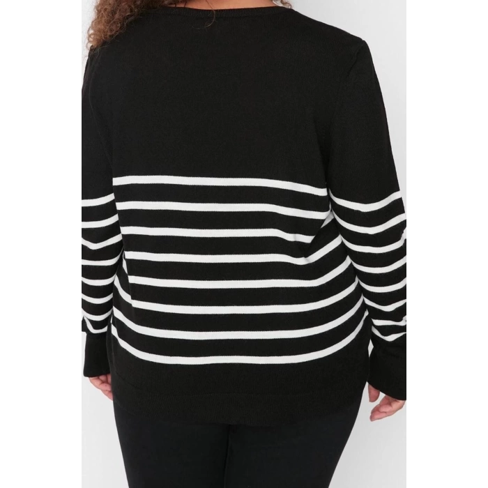 Plus Size Women Modern Style Comfortable Long Crew Neck Striped Sleeve Regular Knit Sweater