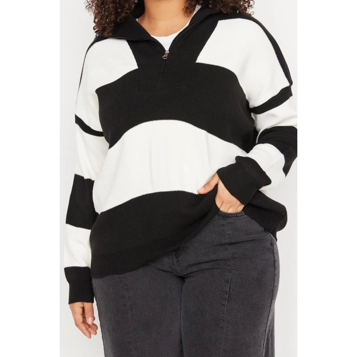 Plus Size Women Modern Style Comfortable Long Polo Neck Striped Sleeve Regular Knitwear Sweater