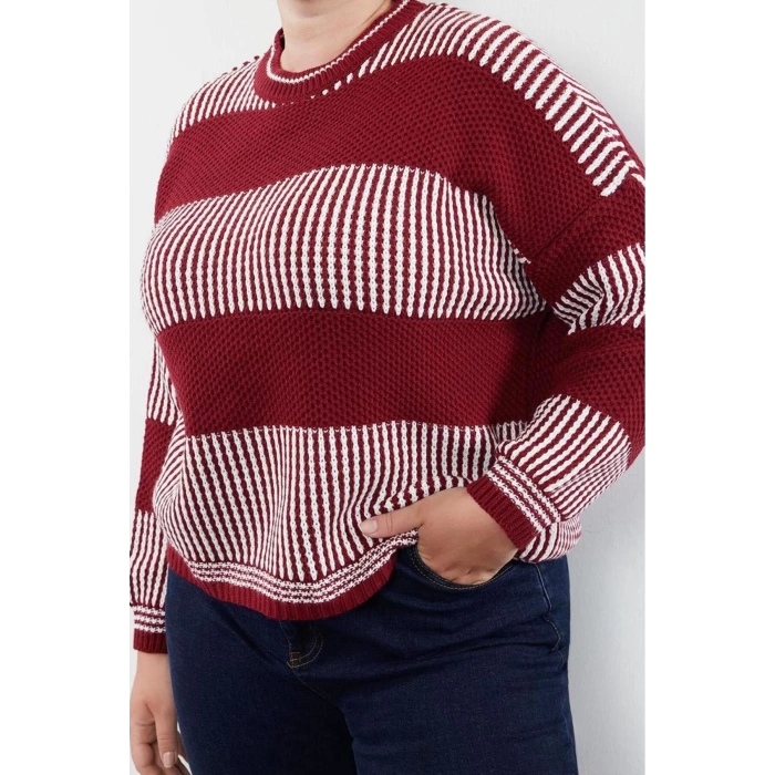 Plus Size Women Modern Style Casual Long Crew Neck Striped Sleeve Crop Knitwear Sweater