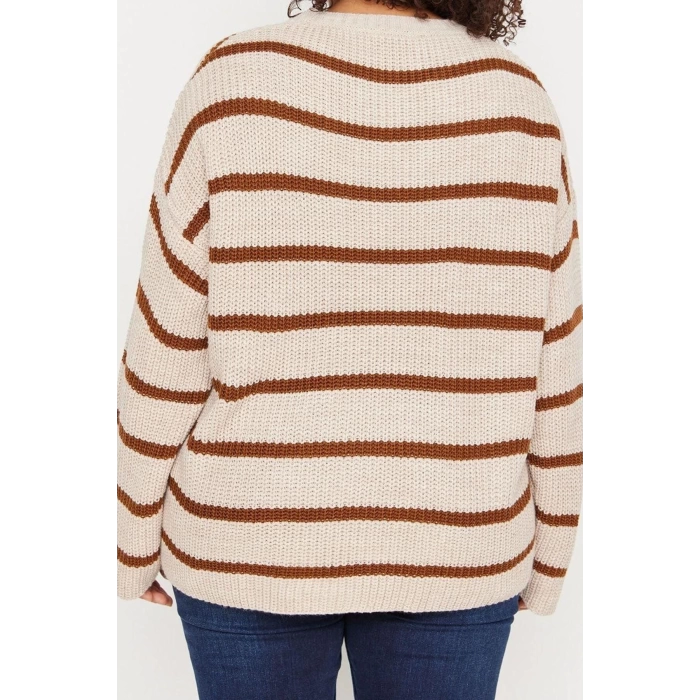Plus Size Women Modern Style Casual Long Crew Neck Striped Sleeve Long Knitwear Sweater
