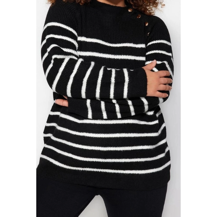 Plus Size Women Modern Style Comfortable Long Crew Neck Striped Sleeve Regular Knit Sweater