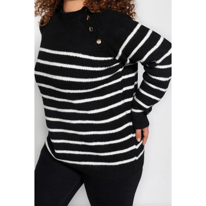 Plus Size Women Modern Style Comfortable Long Crew Neck Striped Sleeve Regular Knit Sweater