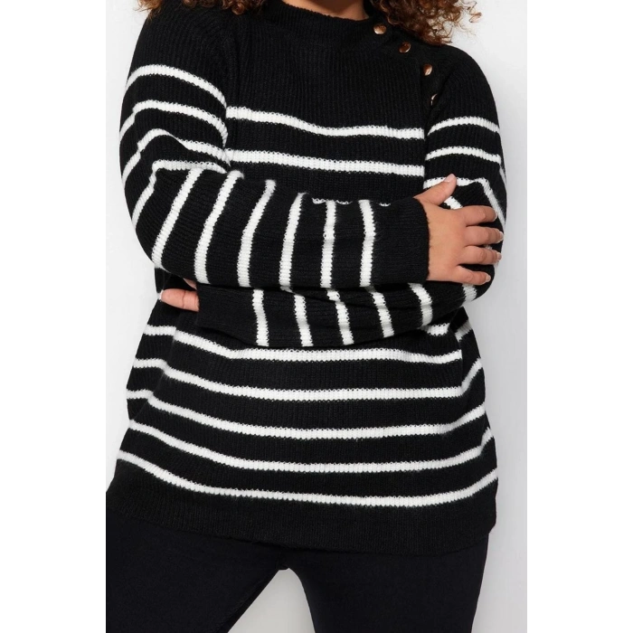 Plus Size Women Modern Style Comfortable Long Crew Neck Striped Sleeve Regular Knit Sweater