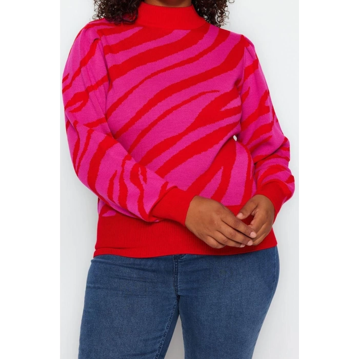 Plus Size Women Modern Style Comfortable Long Stand Collar Animal Sleeve Regular Knit Sweater