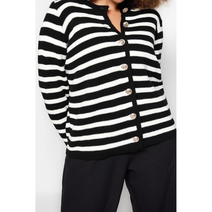 Plus Size Women Modern Style Comfortable Long Crew Neck Striped Sleeve Regular Knitwear Cardigan
