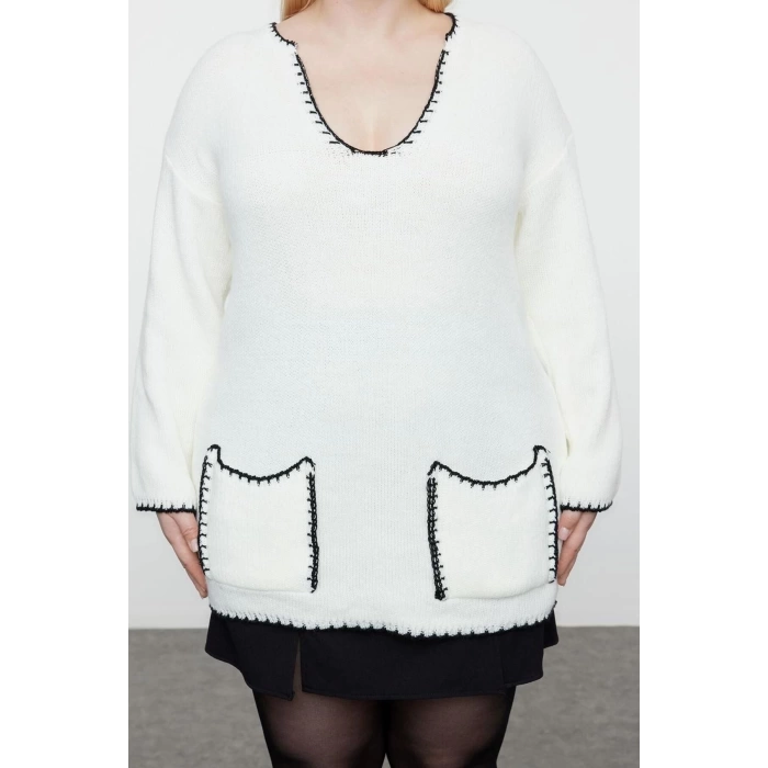 Plus Size Women Modern Style Comfortable Long V Neck Plain Sleeve Long Knitwear Sweater