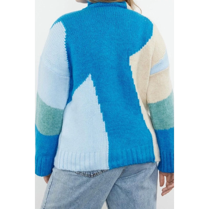 Plus Size Women Modern Style Comfortable Long Stand Collar Color Block Sleeve Regular Knitwear Sweater