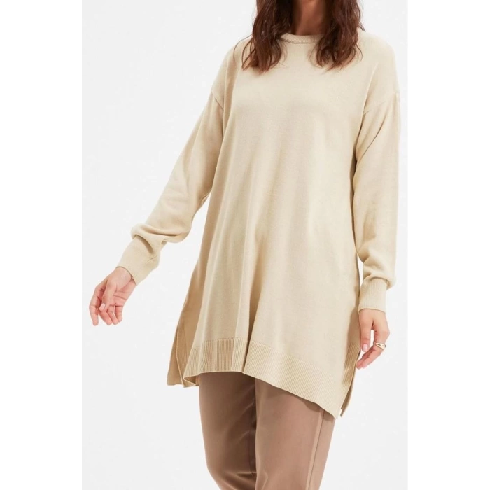 Womens Modern Style Casual Long Crew Neck Plain Sleeve Midi Knit Sweater
