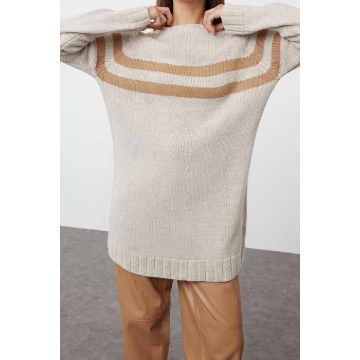 Womens Modern Style Casual Long Crew Neck Striped Sleeve Midi Knit Sweater