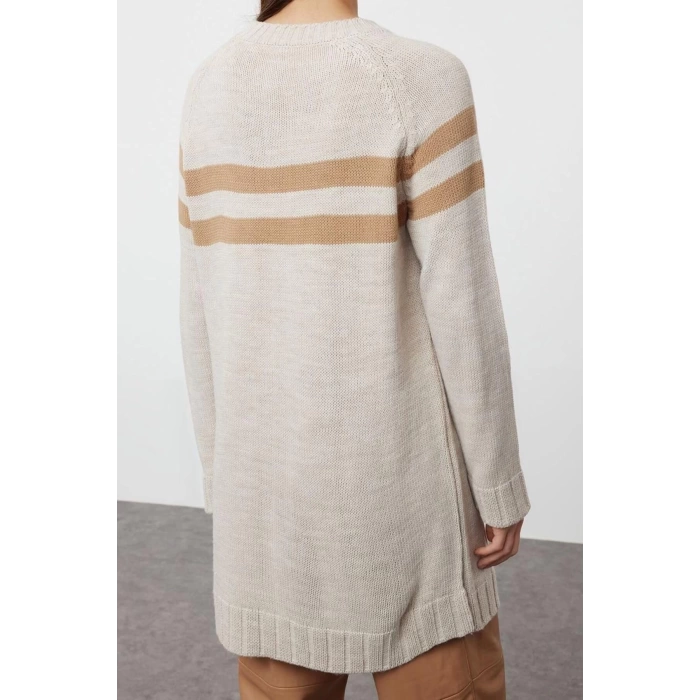 Womens Modern Style Casual Long Crew Neck Striped Sleeve Midi Knit Sweater