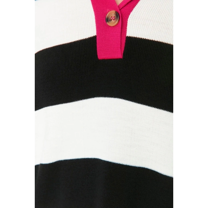 Womens Modern Style Comfortable Long Polo Neck Striped Sleeve Regular Knitwear Sweater
