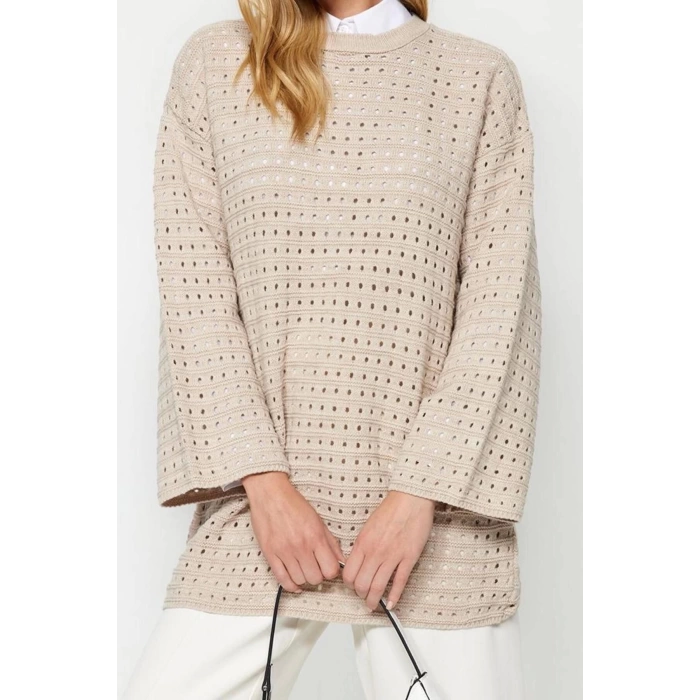 Womens Modern Style Comfortable Long Crew Neck Openwork Sleeve Regular Knitwear Sweater