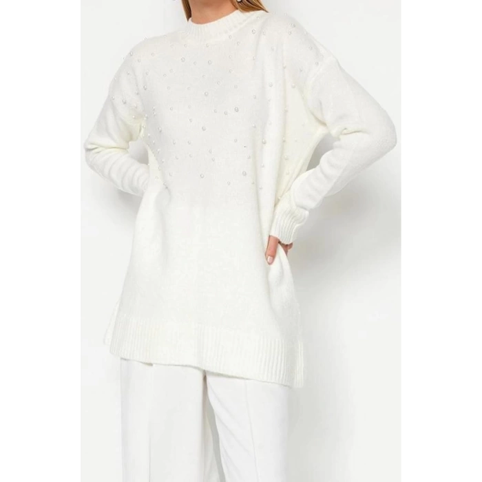 Womens Modern Style Casual Long Crew Neck Plain Sleeve Midi Knit Sweater