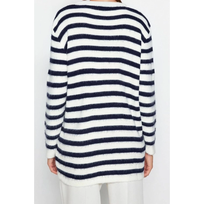 Womens Modern Style Casual Long Crew Neck Striped Sleeve Regular Knitwear Cardigan