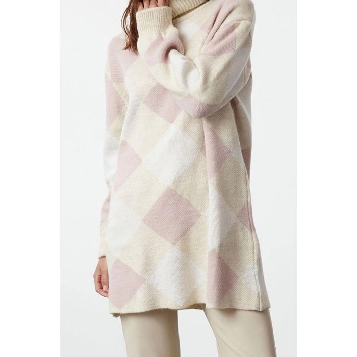 Womens Modern Style Casual Long Turtleneck Plaid Checked Sleeve Regular Knit Sweater
