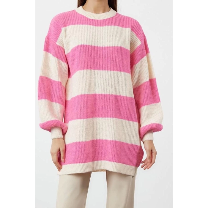 Womens Modern Style Casual Long Crew Neck Striped Sleeve Regular Knitwear Sweater