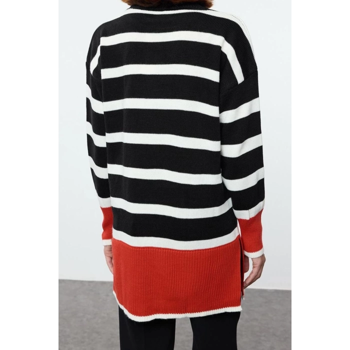 Womens Modern Style Comfortable Long Stand Collar Striped Sleeve Regular Knitwear Sweater