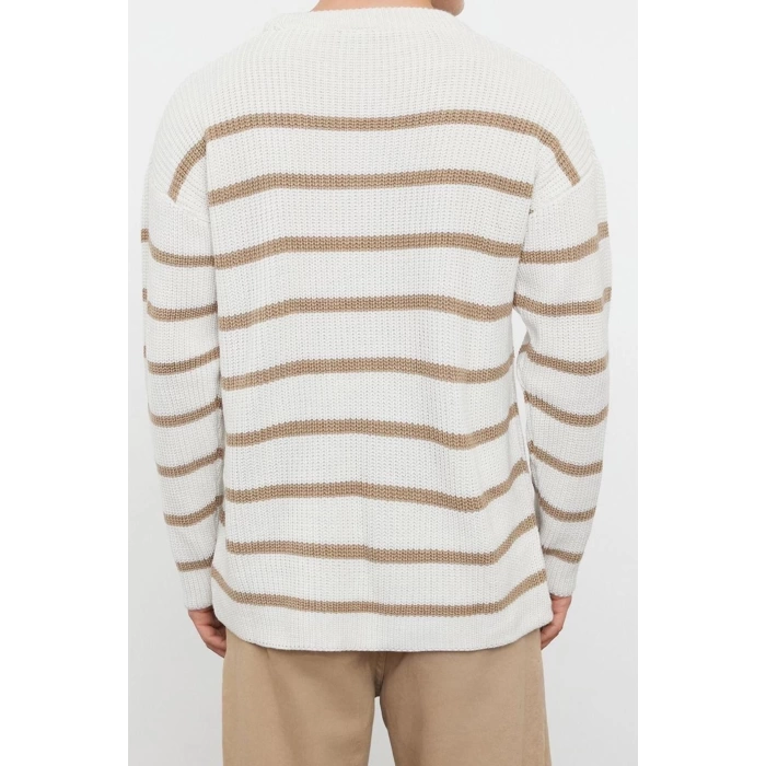 Mens Modern Style Comfortable Long Crew Neck Striped Sleeve Regular Knitwear Sweater