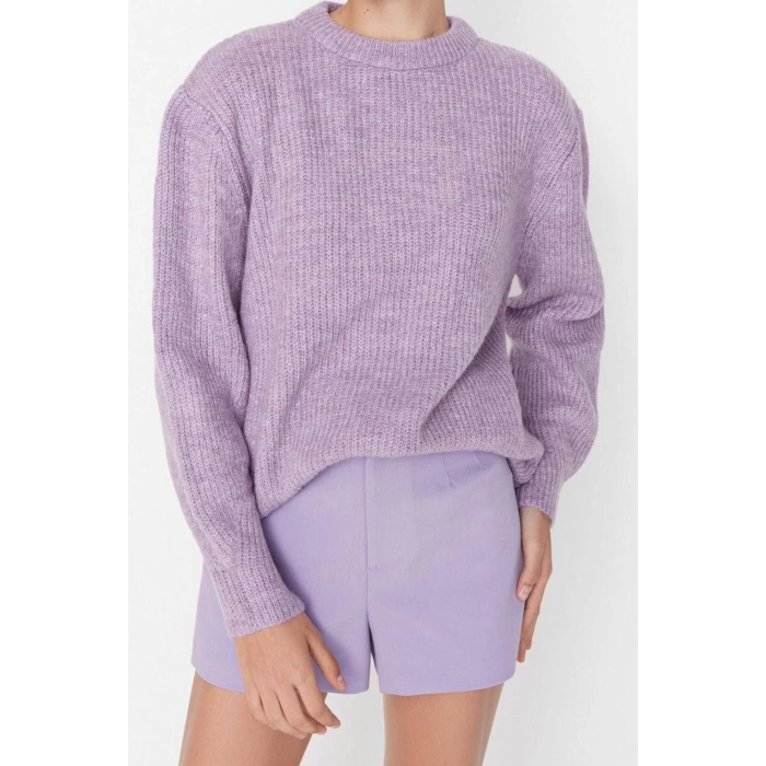 Womens Modern Style Casual Long Crew Neck Textured Sleeve Regular Knit Sweater