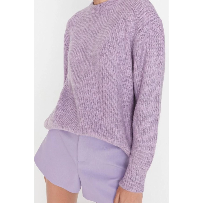 Womens Modern Style Casual Long Crew Neck Textured Sleeve Regular Knit Sweater