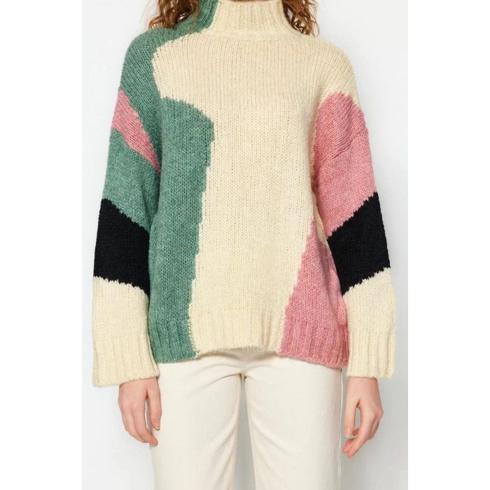 Womens Modern Style Comfortable Long Stand Collar Color Block Sleeve Regular Knitwear Sweater