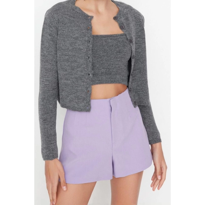 Womens Modern Style Casual Long Crew Neck Plain Sleeve Crop Knitwear Set