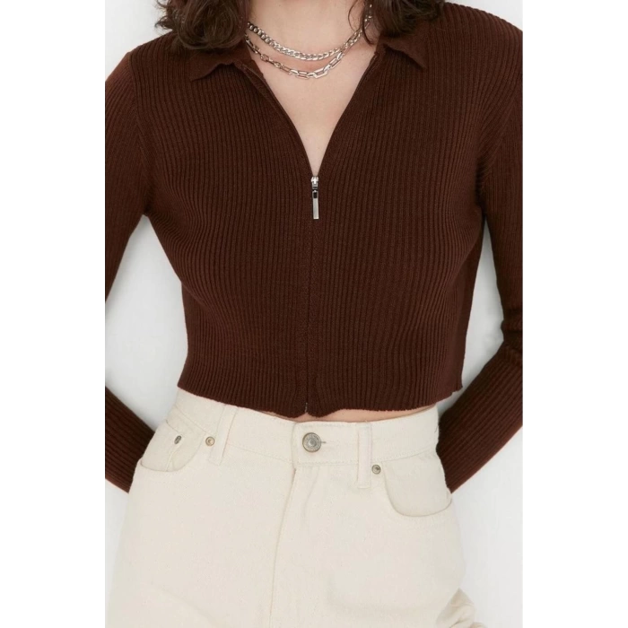 Womens Modern Style Casual Long Polo Neck Plain Sleeve Crop Knitwear Cardigan