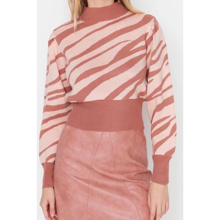Womens Modern Style Casual Long Stand Collar Zebra Sleeve Crop Knitwear Sweater