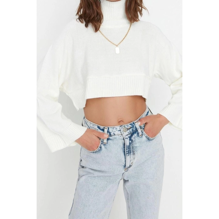 Womens Modern Style Casual Long Stand Collar Plain Sleeve Crop Knitwear Sweater