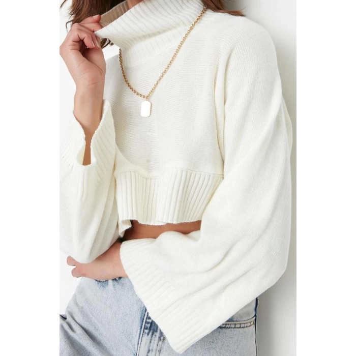 Womens Modern Style Casual Long Stand Collar Plain Sleeve Crop Knitwear Sweater