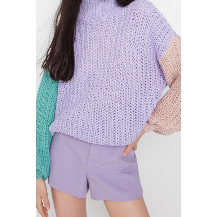 Womens Modern Style Comfortable Long Stand Collar Color Block Sleeve Regular Knitwear Sweater