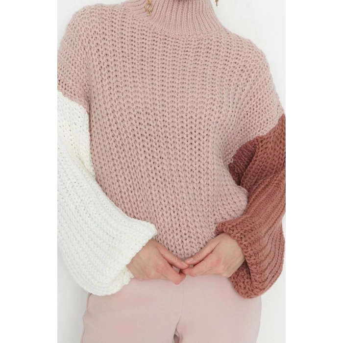 Womens Modern Style Comfortable Long Stand Collar Color Block Sleeve Regular Knitwear Sweater